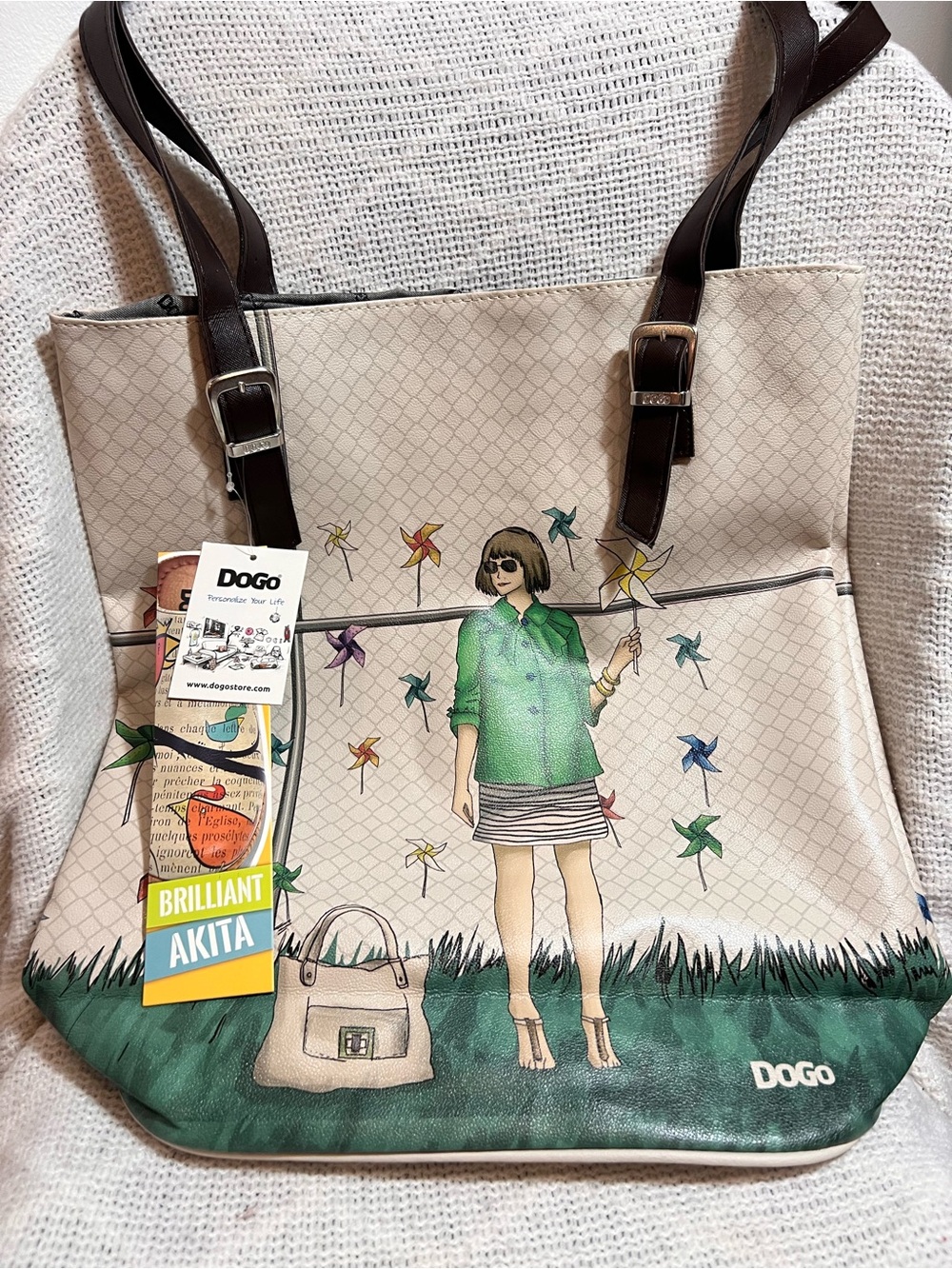 DOGO Beige & Green Printed Tote Bag with Brown Straps